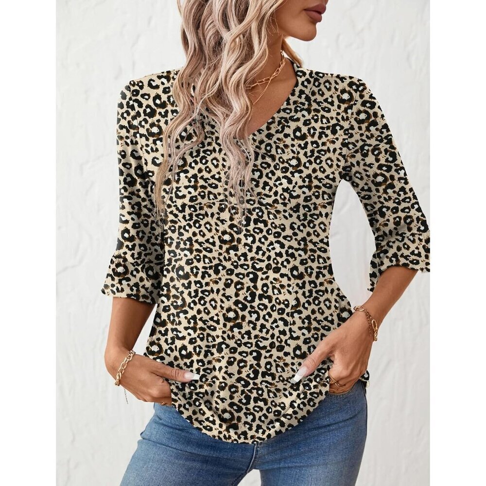 Womens V-Neck Eyelet Tunic Top 3/4 Sleeve Casual Dressy Summer Blouse - Picture 2 of 5